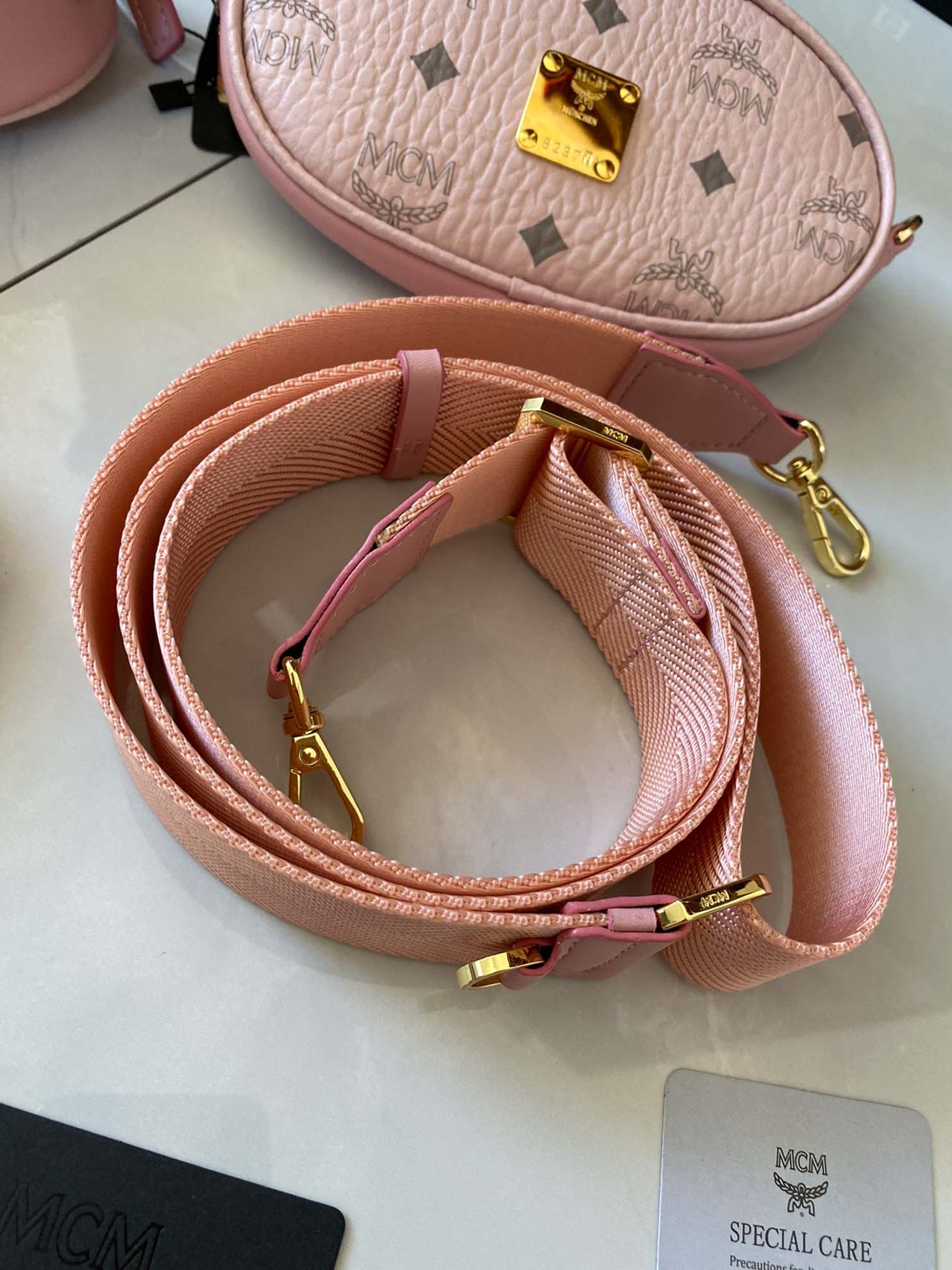 MCM Essential Belt Bag In Original Visetos Pink