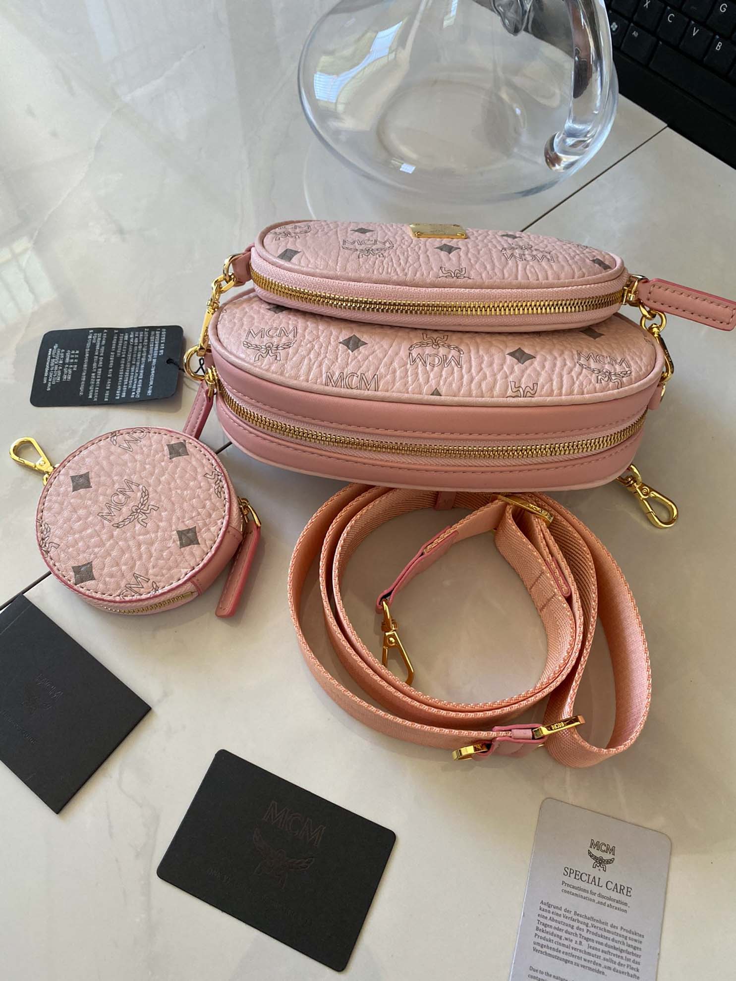 MCM Essential Belt Bag In Original Visetos Pink