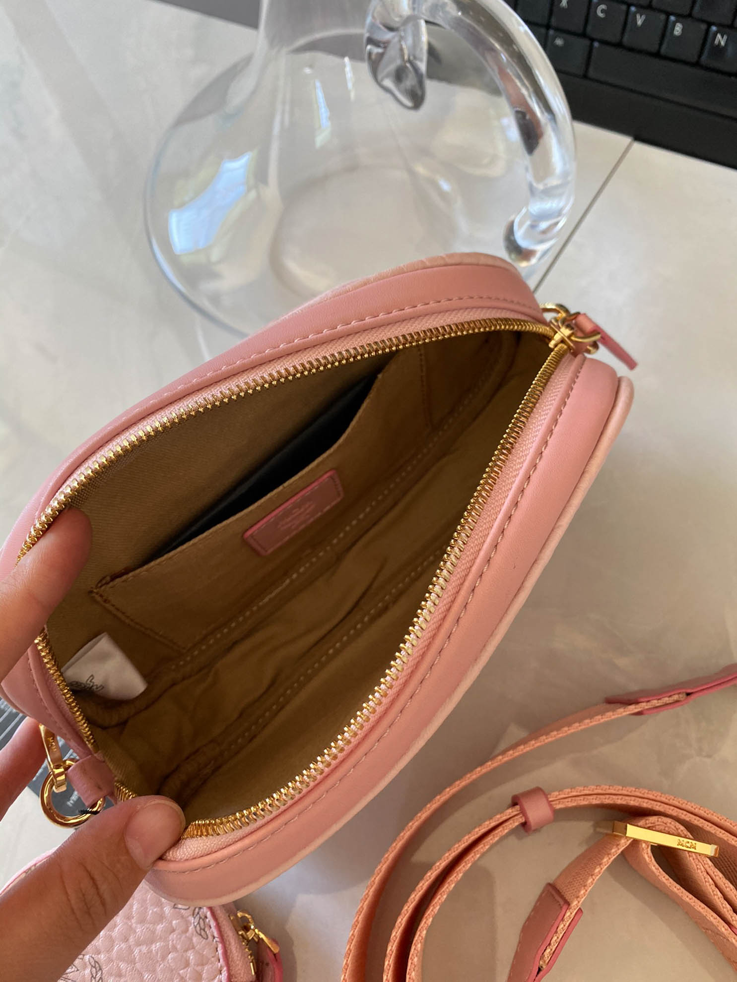 MCM Essential Belt Bag In Original Visetos Pink