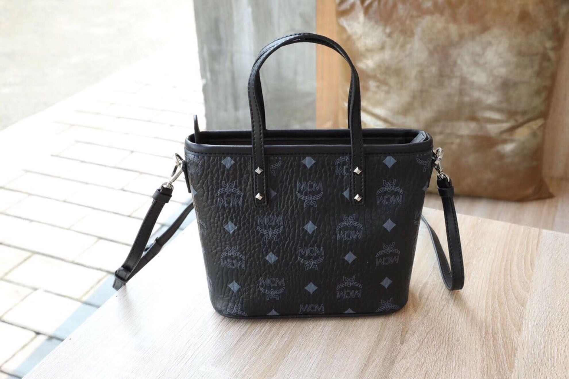 MCM Mini Anya Top Zip Shopper Black