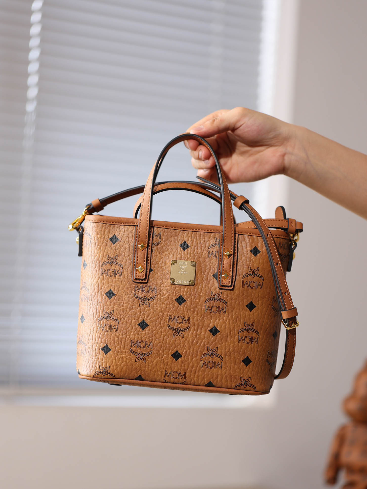 MCM Mini Anya Top Zip Shopper Cognac