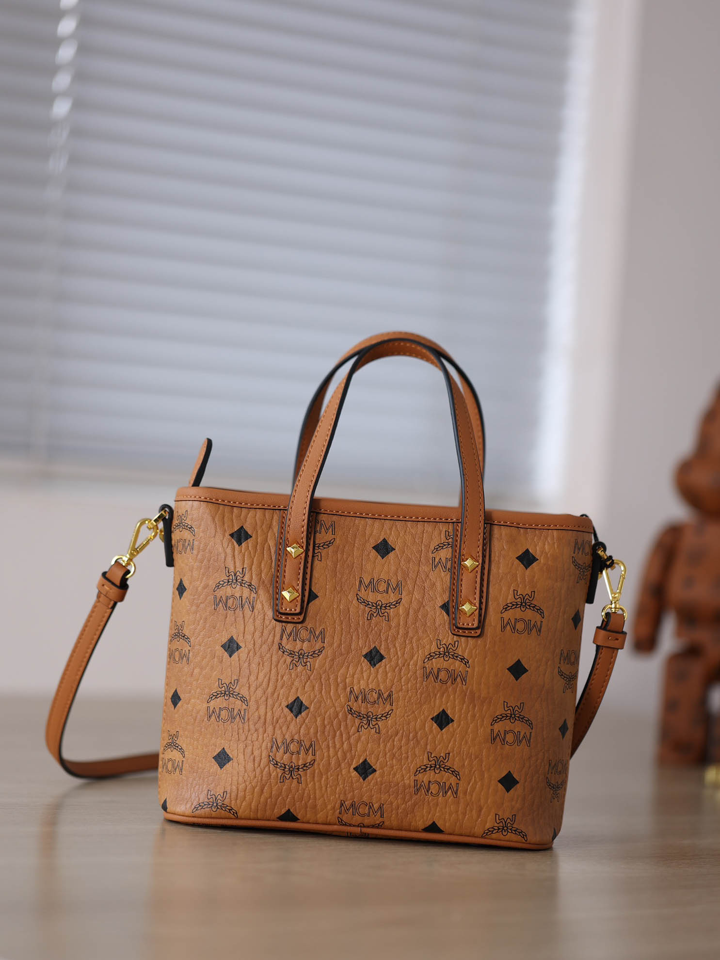 MCM Mini Anya Top Zip Shopper Cognac