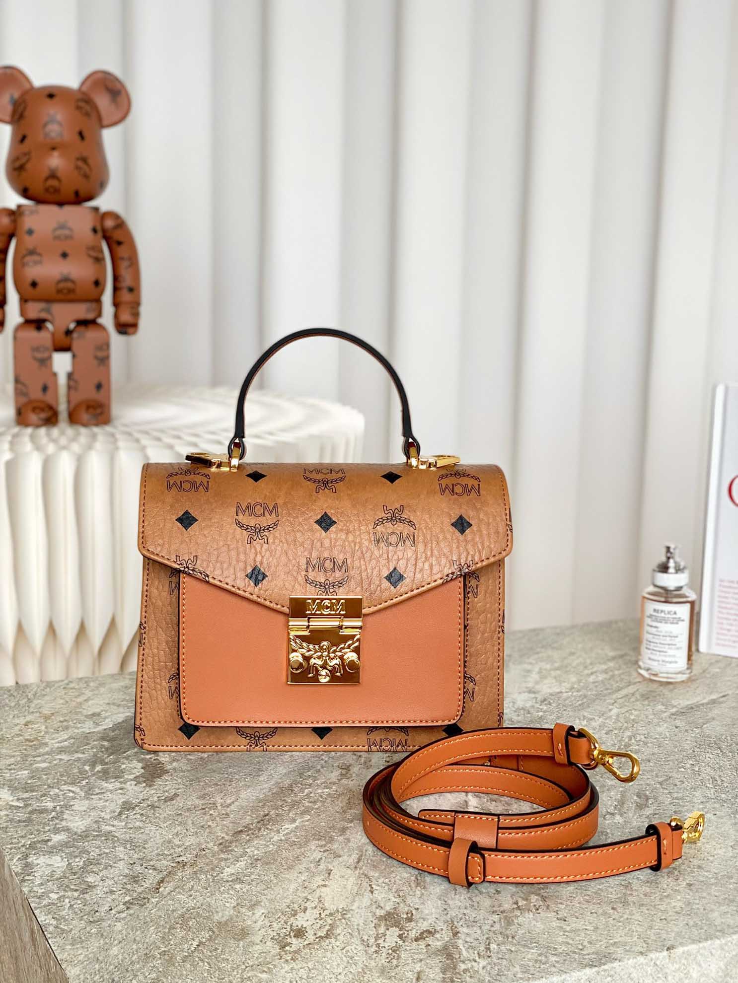 MCM Tracy Satchel in Visetos Cognac