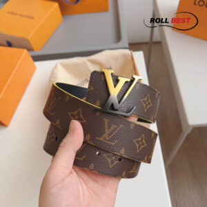 Thắt Lưng Hai Mặt LV Monogram Canvas Viền Vàng Khóa Logo Vàng Đen