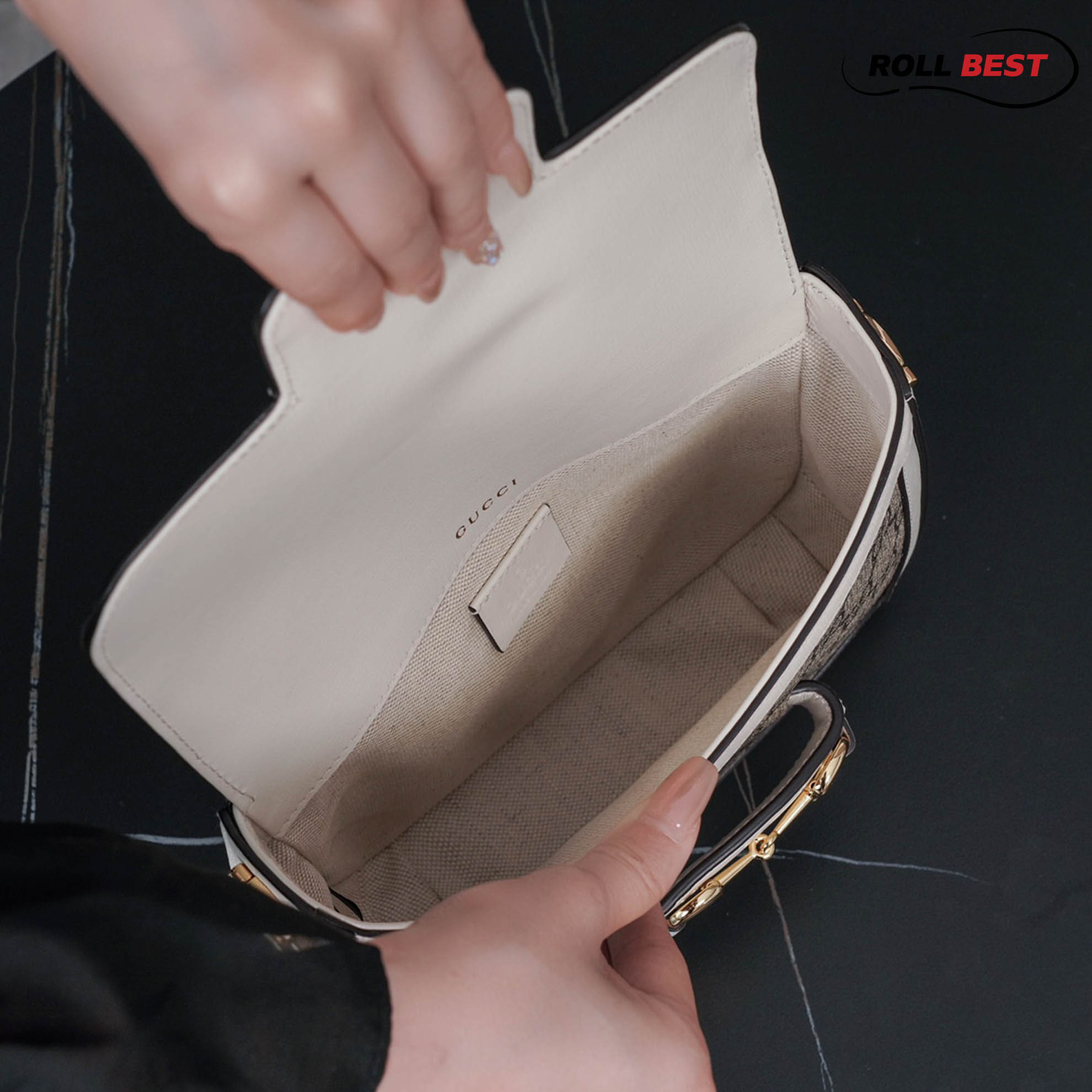 Túi Đeo Chéo Nữ Gucci Horsebit 1955 Mini Bag Họa tiết viền trắng 