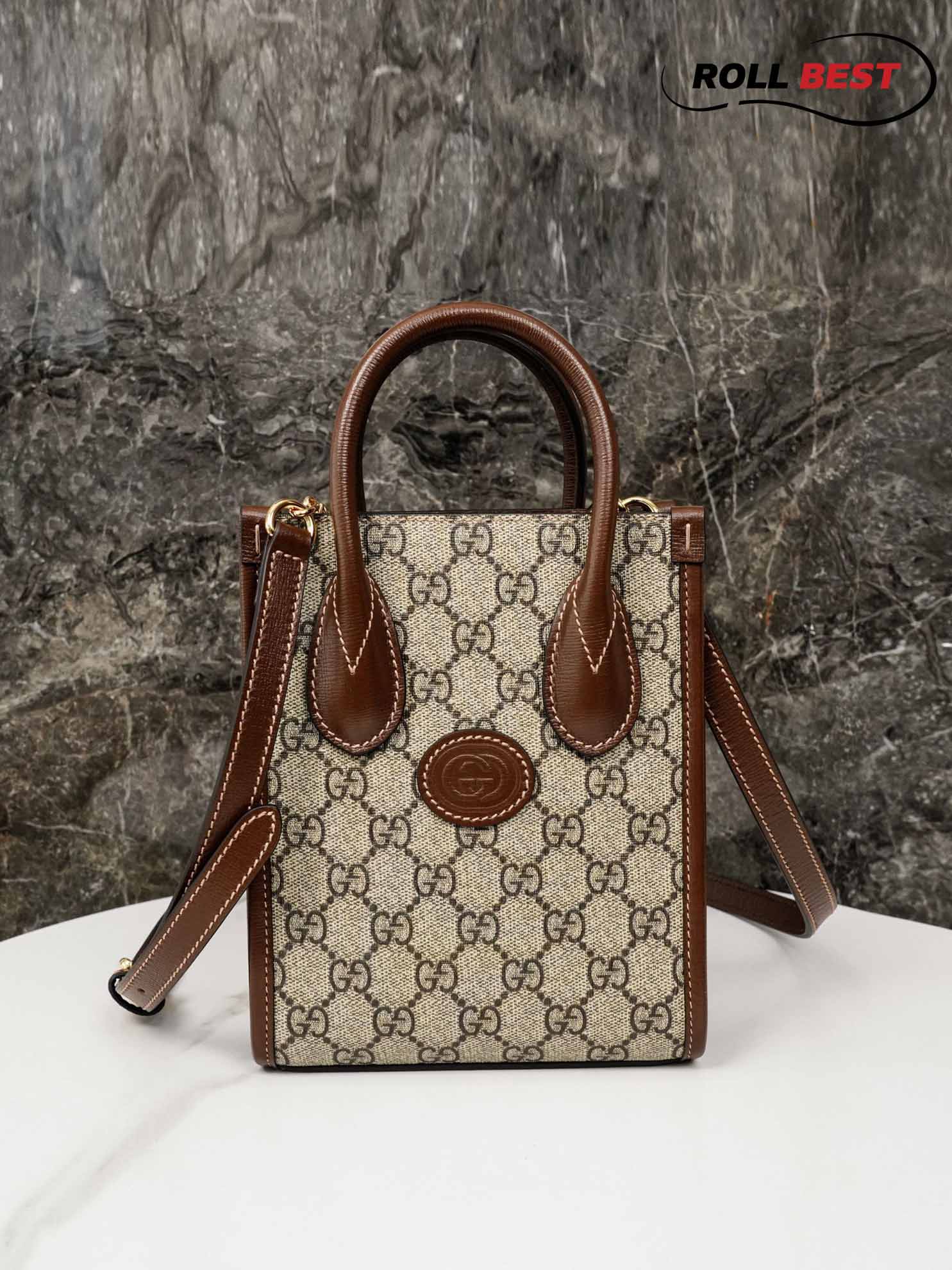 Túi Gucci Mini Tote With Interlocking G Beige And Brown Leather 