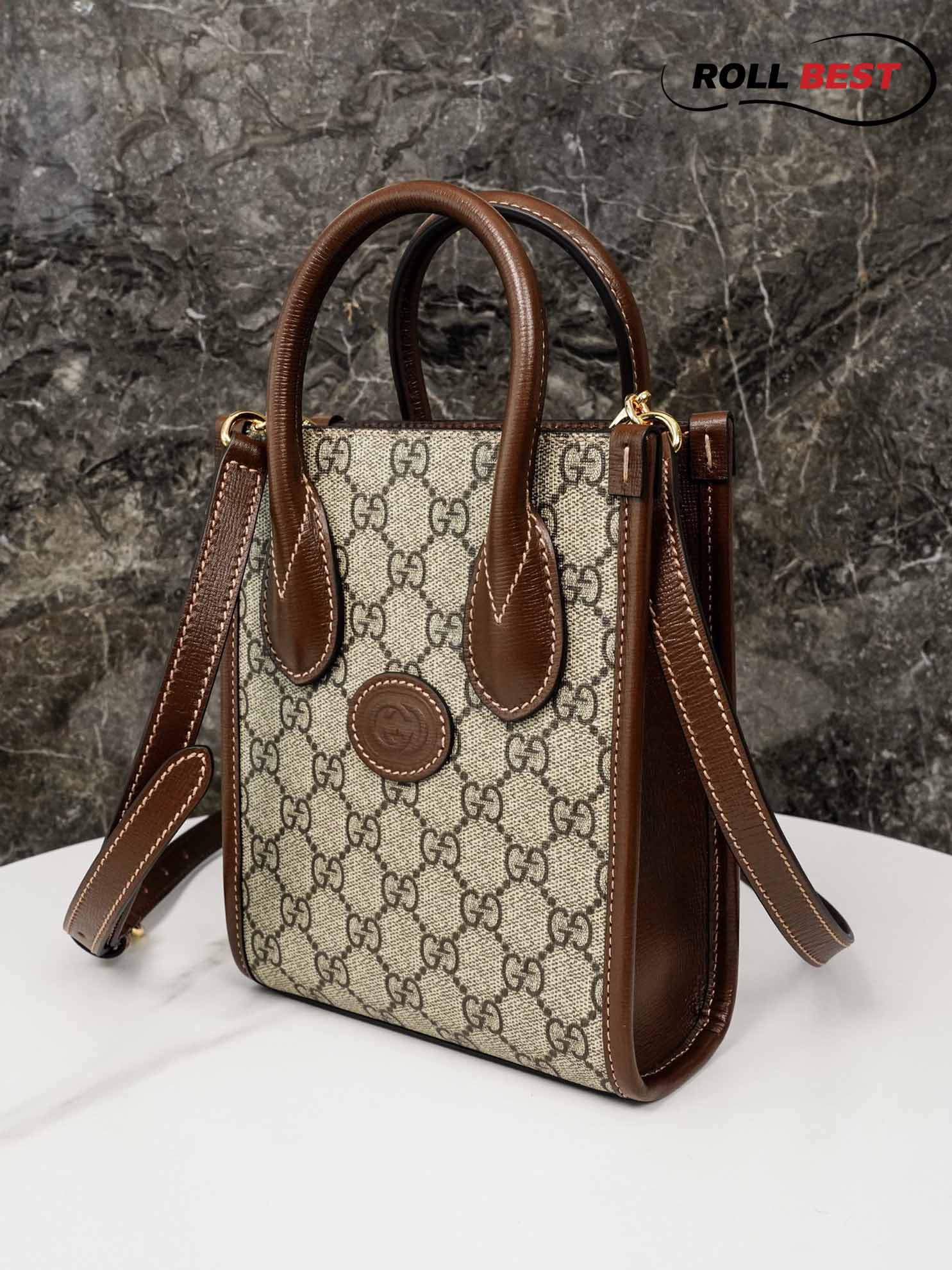 Túi Gucci Mini Tote With Interlocking G Beige And Brown Leather 