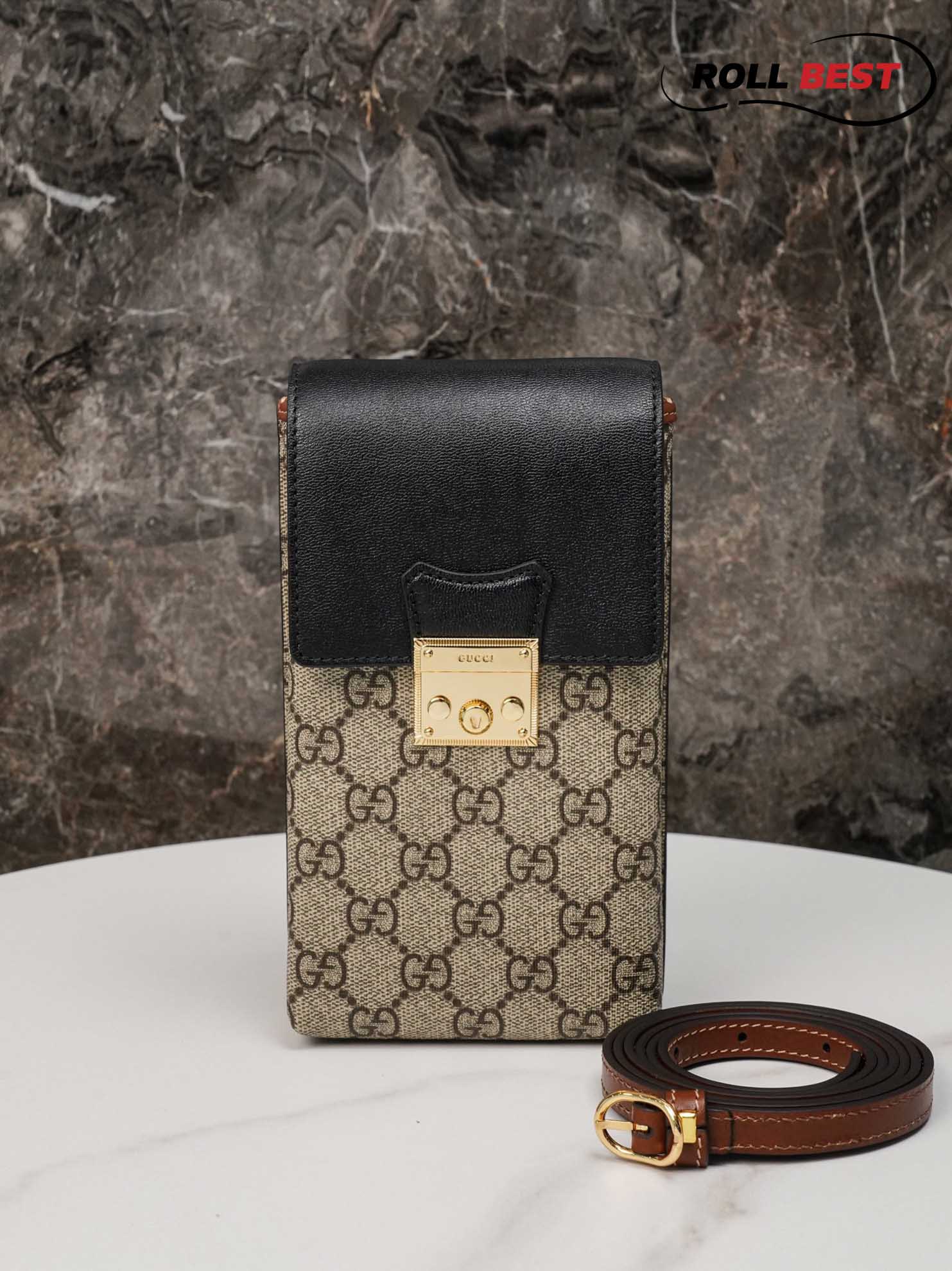 Túi Gucci Padlock Mini Phone Bag Đen Leather GG Canvas