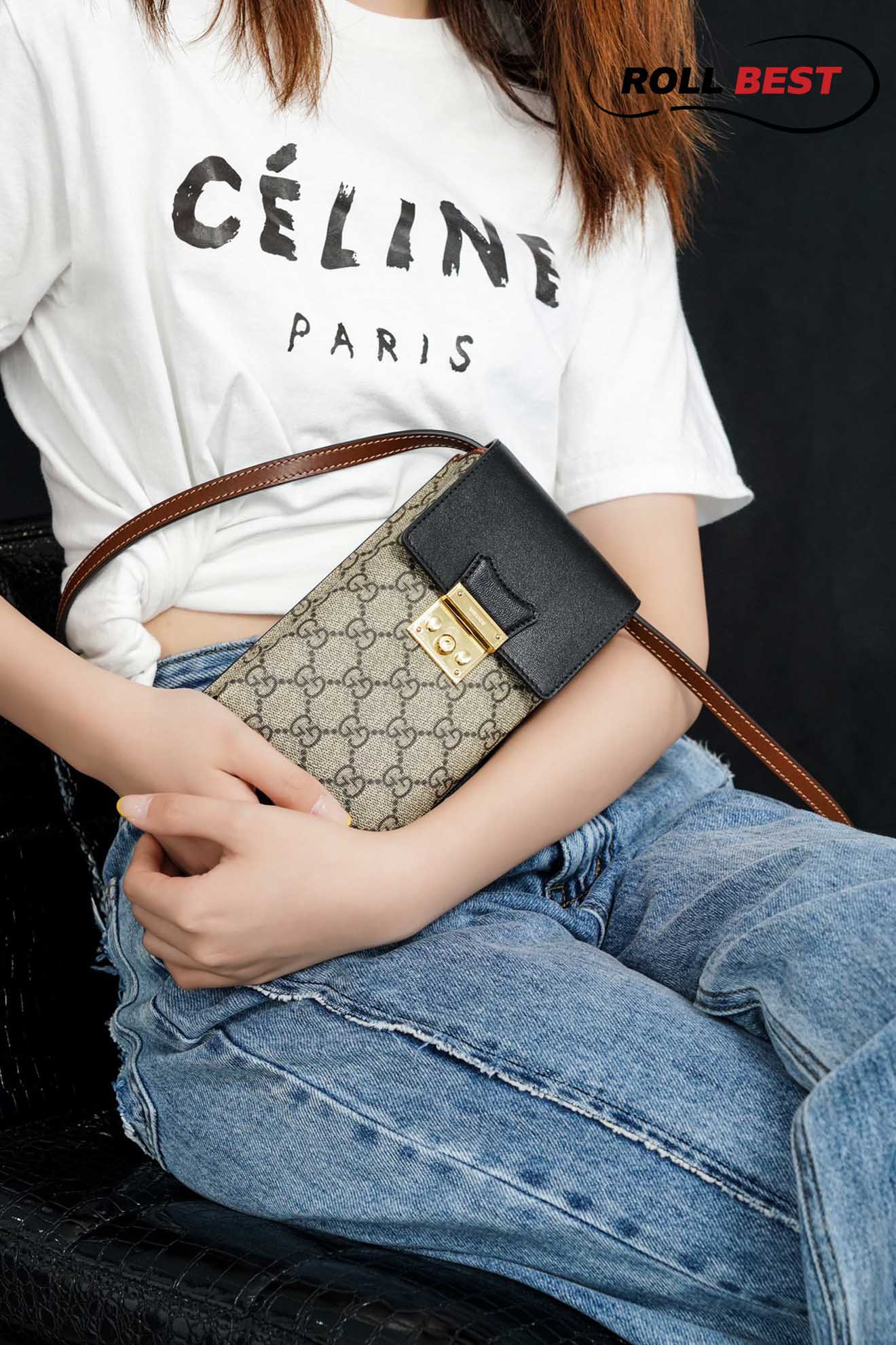 Túi Gucci Padlock Mini Phone Bag Đen Leather GG Canvas