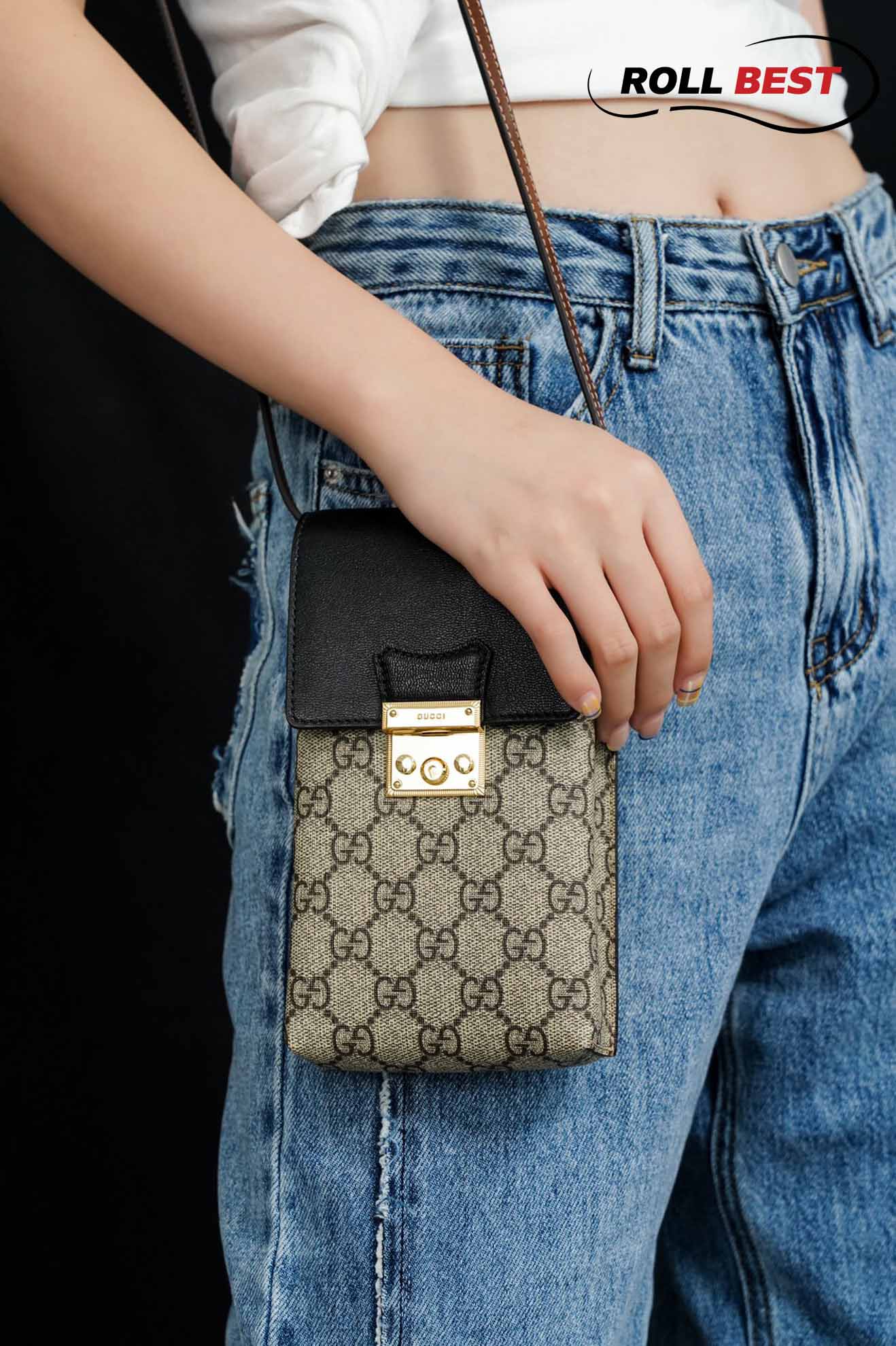 Túi Gucci Padlock Mini Phone Bag Đen Leather GG Canvas