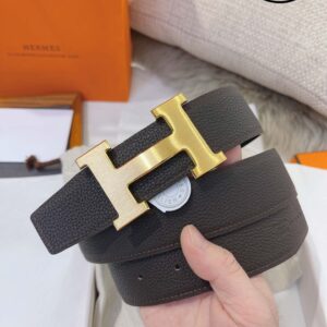 Thắt Lưng Hermes Da Nhăn Nâu Mận Khóa Logo Vàng