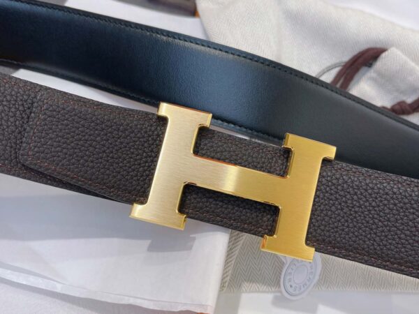 Thắt Lưng Hermes Da Nhăn Nâu Mận Khóa Logo Vàng