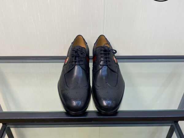Giày Gucci Black Brogue Leather Bee Web Detail Lace Up Derby