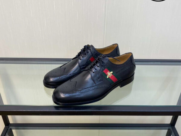 Giày Gucci Black Brogue Leather Bee Web Detail Lace Up Derby