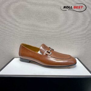 Giày Gucci Horsebit Leather Loafers Brown Da Nhăn Khóa Bạc Ngang