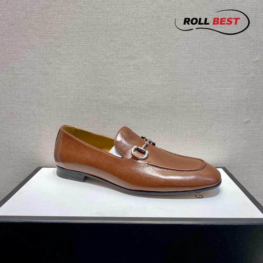 Giày Gucci Horsebit Leather Loafers Brown Da Nhăn Khóa Bạc Ngang