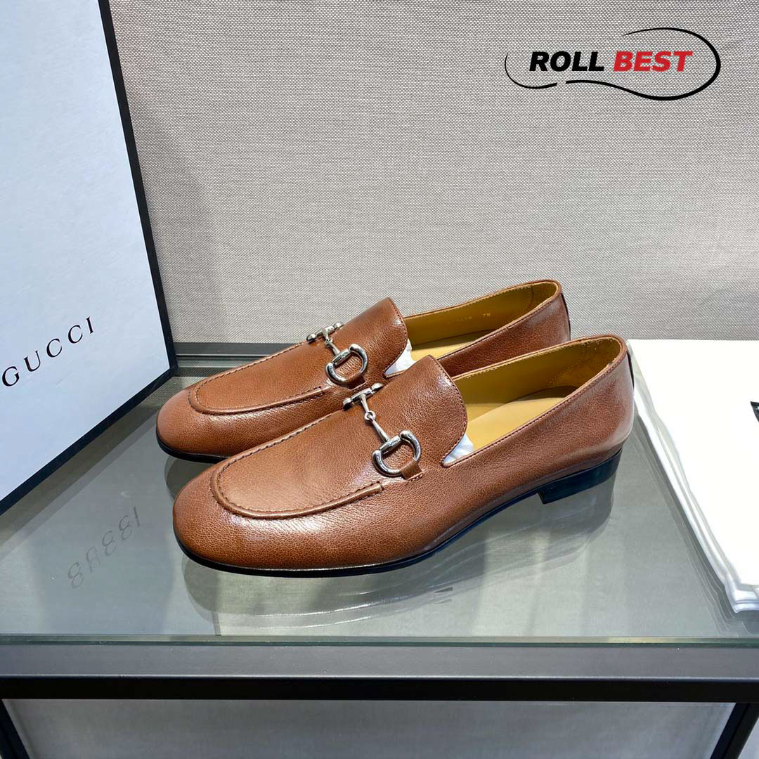 Giày Gucci Horsebit Leather Loafers Brown Da Nhăn Khóa Bạc Ngang