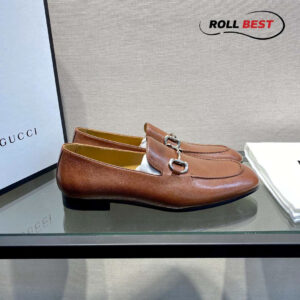 Giày Gucci Horsebit Leather Loafers Brown Da Nhăn Khóa Bạc Ngang