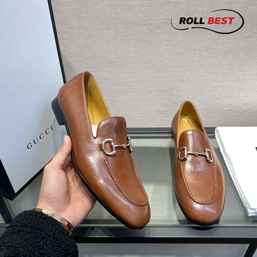 Giày Gucci Horsebit Leather Loafers Brown Da Nhăn Khóa Bạc Ngang