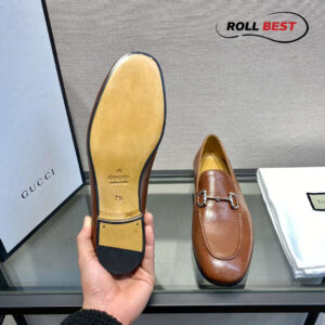 Giày Gucci Horsebit Leather Loafers Brown Da Nhăn Khóa Bạc Ngang