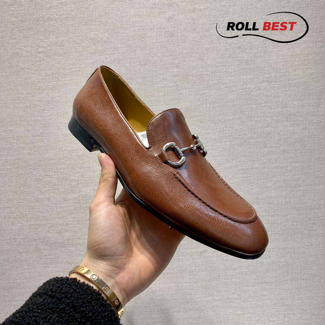 Giày Gucci Horsebit Leather Loafers Brown Da Nhăn Khóa Bạc Ngang