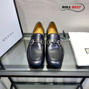 Giày Gucci Horsebit Loafer Leather Đen Da Nhăn Khóa Bạc Ngang