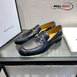 Giày Gucci Horsebit Loafer Leather Đen Da Nhăn Khóa Bạc Ngang