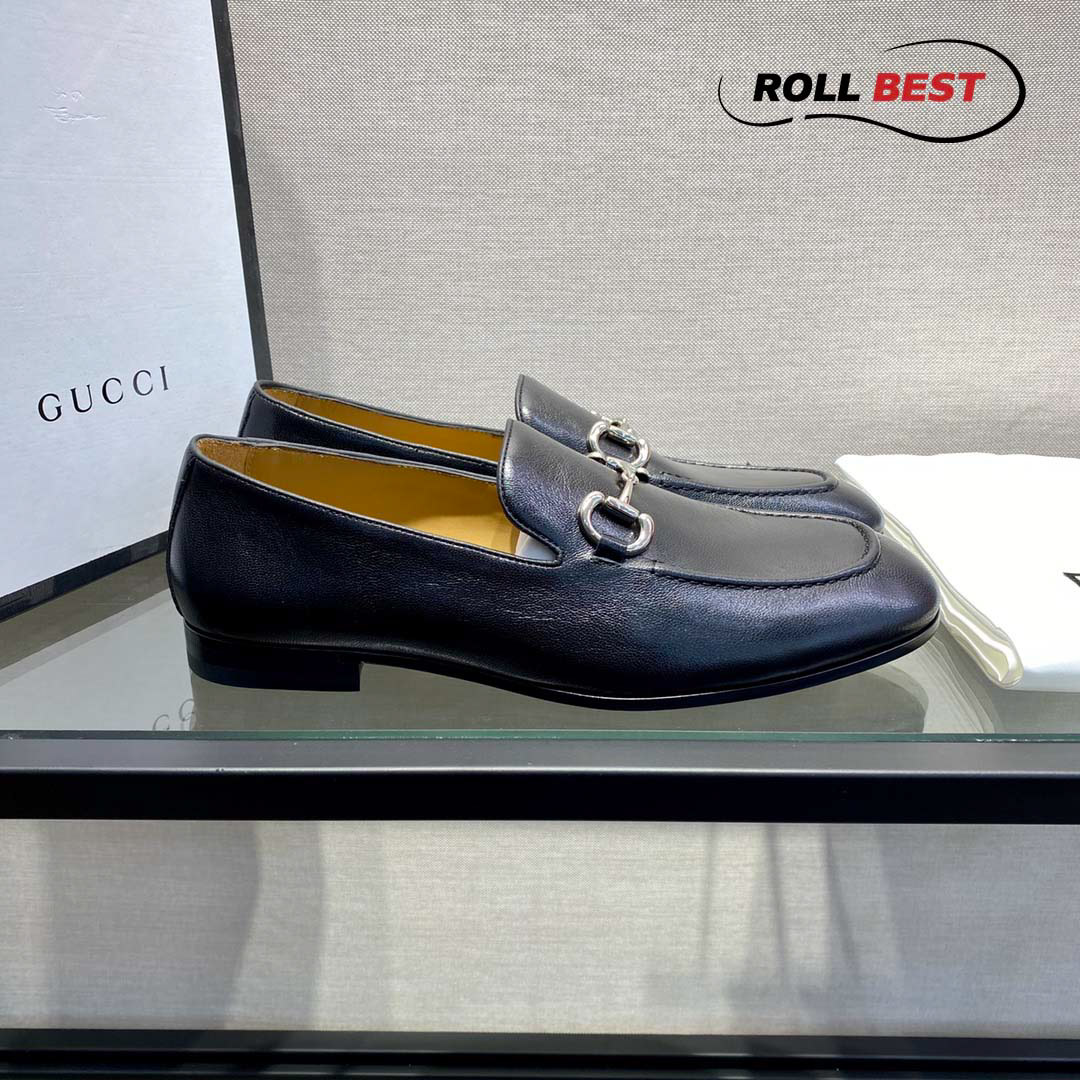 Giày Gucci Horsebit Loafer Leather Đen Da Nhăn Khóa Bạc Ngang