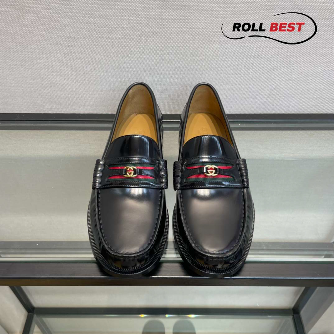 Giày Gucci Kaveh Logo Bit-Strap Loafers Đen Da Bóng