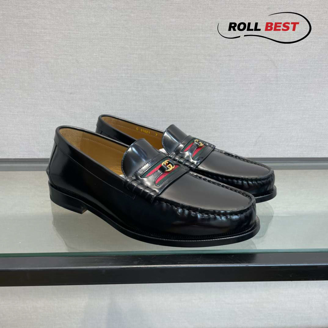 Giày Gucci Kaveh Logo Bit-Strap Loafers Đen Da Bóng