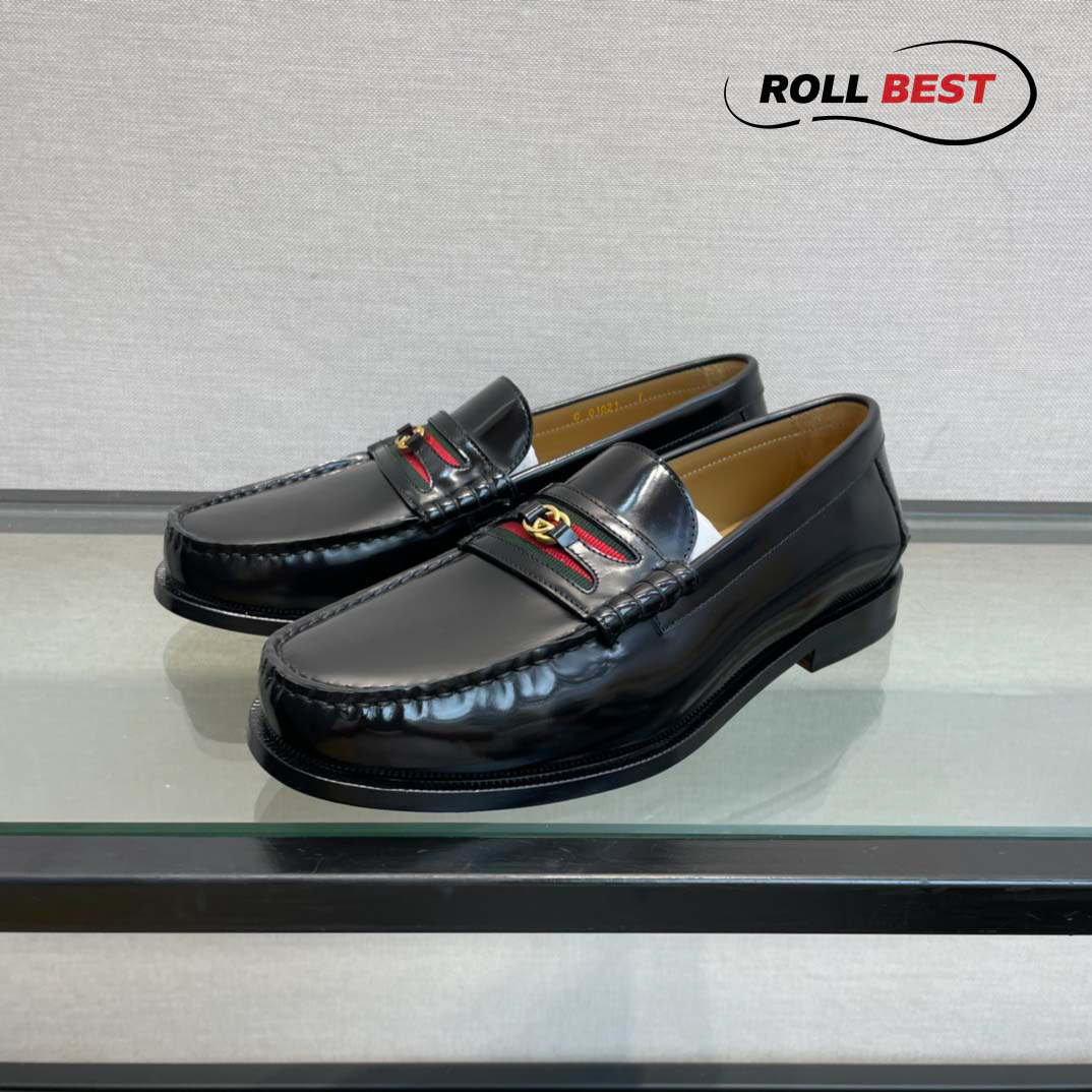 Giày Gucci Kaveh Logo Bit-Strap Loafers Đen Da Bóng