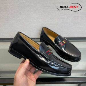 Giày Gucci Kaveh Logo Bit-Strap Loafers Đen Da Bóng