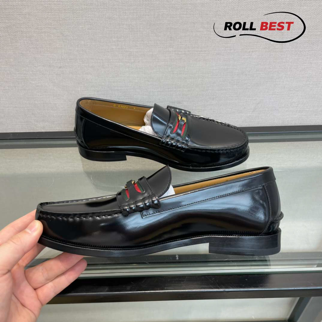 Giày Gucci Kaveh Logo Bit-Strap Loafers Đen Da Bóng