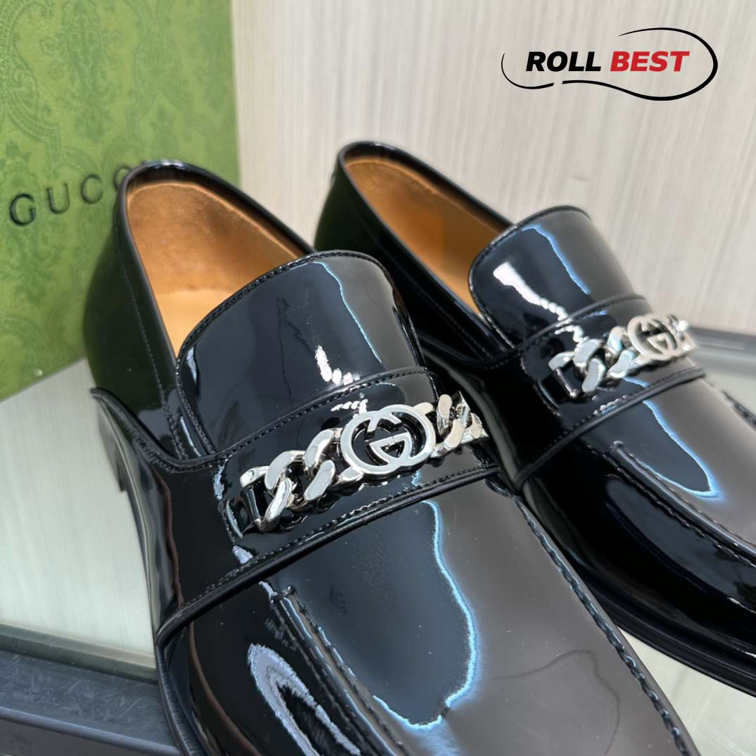 Giày Gucci Loafer Đen Da Bóng Logo Gucci Xích Bạc