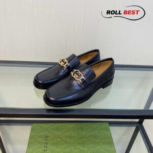 Giày Gucci Loafer Đen Da Bóng Logo Vàng