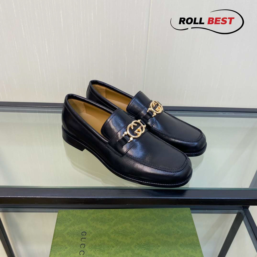 Giày Gucci Loafer Đen Da Bóng Logo Vàng