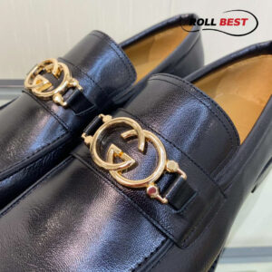 Giày Gucci Loafer Đen Da Bóng Logo Vàng