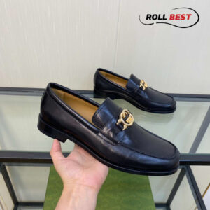 Giày Gucci Loafer Đen Da Bóng Logo Vàng