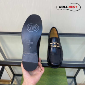 Giày Gucci Loafer Đen Da Bóng Logo Vàng