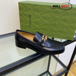 Giày Gucci Loafer Đen Da Bóng Logo Vàng