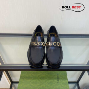 Giày Gucci Loafer Đen Da Nhăn Logo Gucci Vàng