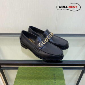 Giày Gucci Loafer Đen Da Nhăn Logo Gucci Vàng