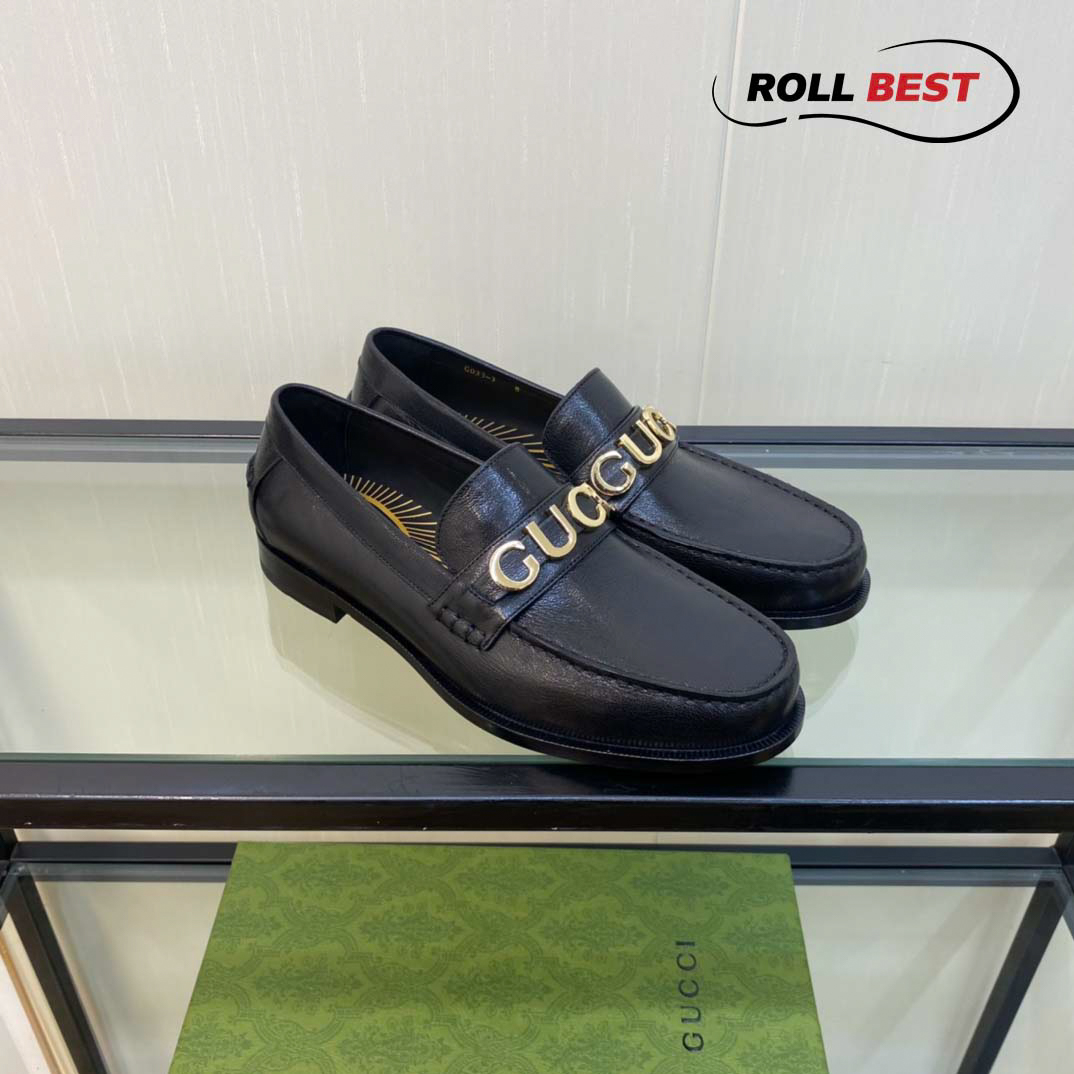 Giày Gucci Loafer Đen Da Nhăn Logo Gucci Vàng 