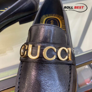 Giày Gucci Loafer Đen Da Nhăn Logo Gucci Vàng