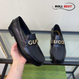 Giày Gucci Loafer Đen Da Nhăn Logo Gucci Vàng