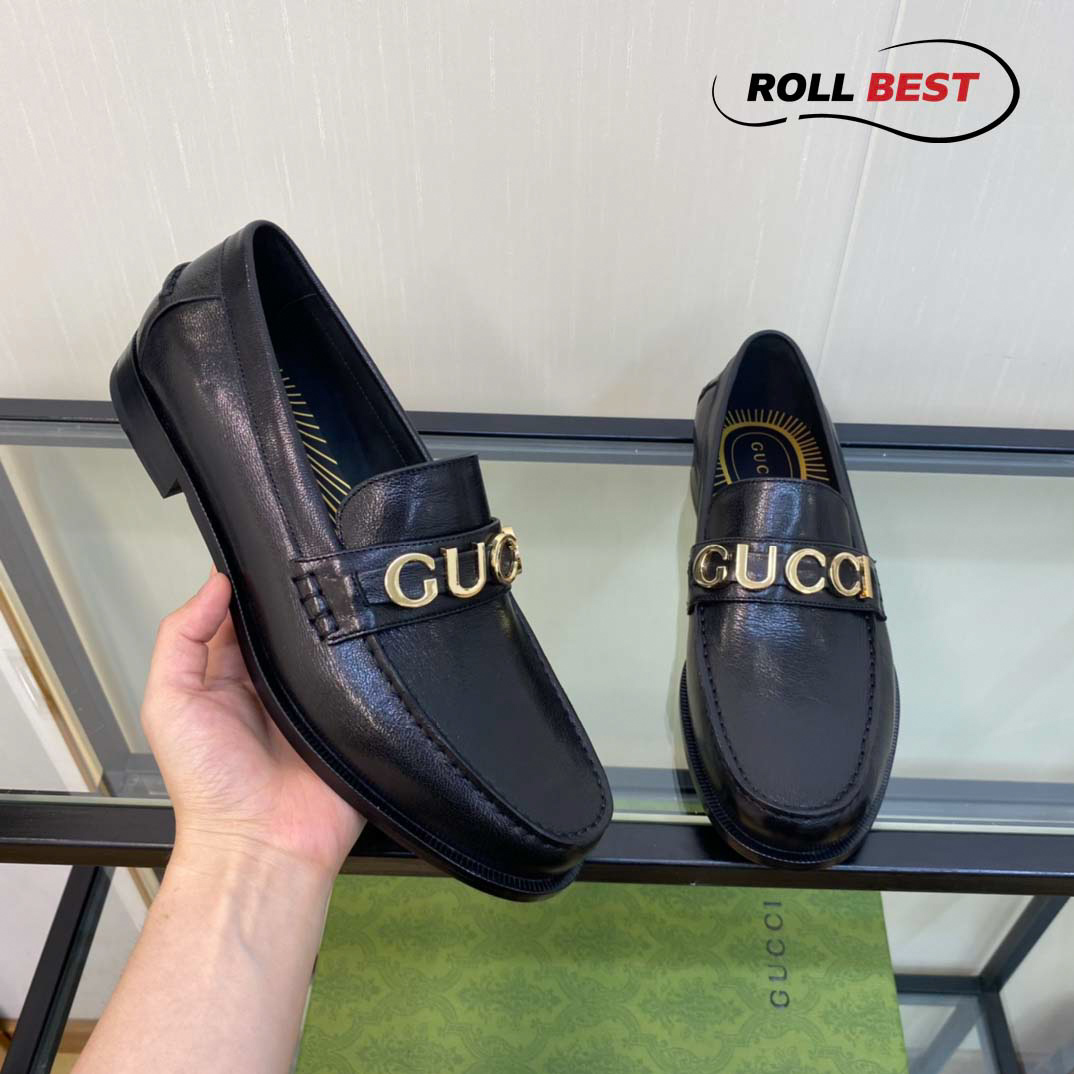 Giày Gucci Loafer Đen Da Nhăn Logo Gucci Vàng 