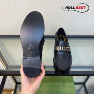 Giày Gucci Loafer Đen Da Nhăn Logo Gucci Vàng