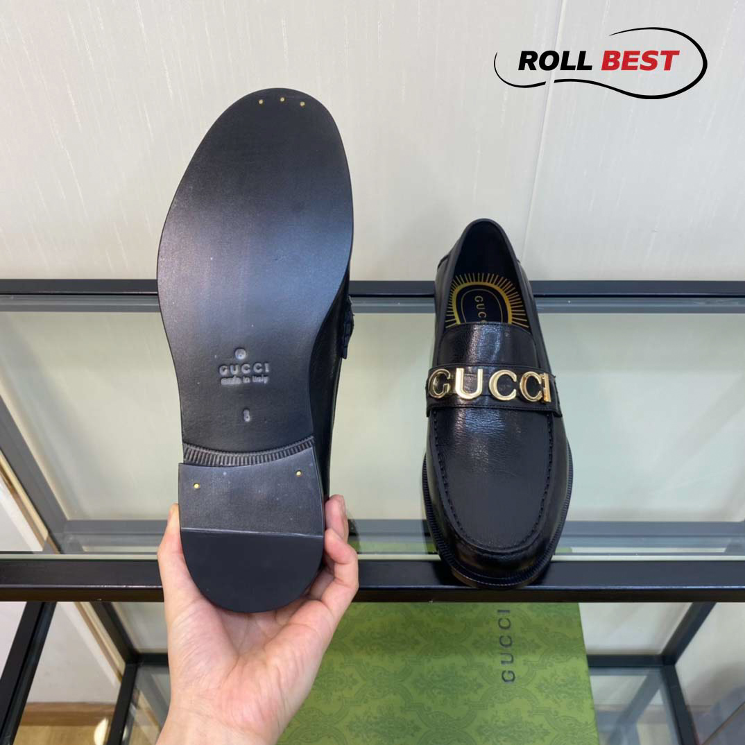 Giày Gucci Loafer Đen Da Nhăn Logo Gucci Vàng 