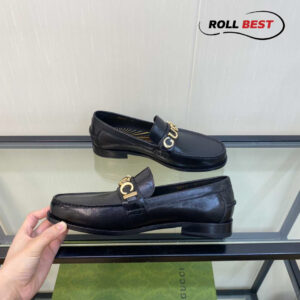 Giày Gucci Loafer Đen Da Nhăn Logo Gucci Vàng