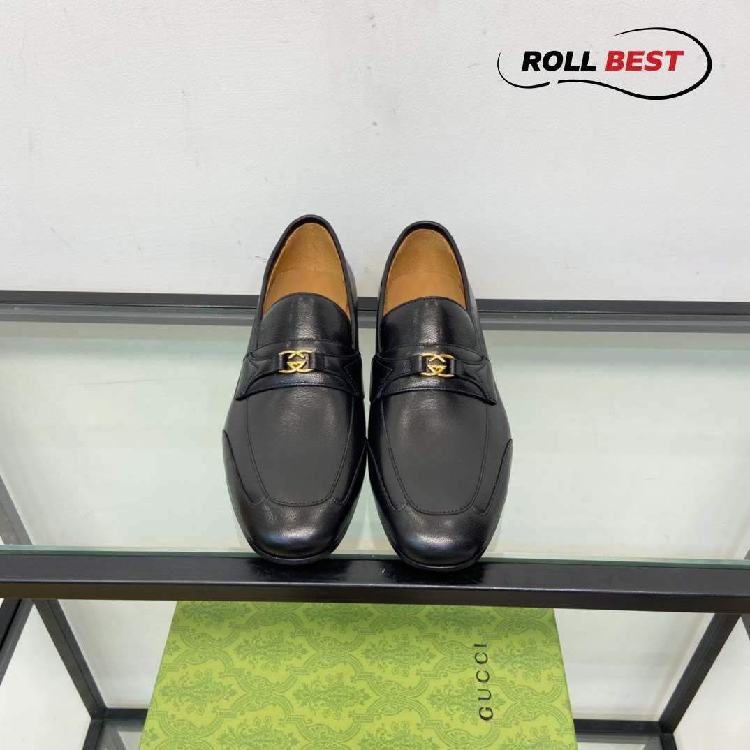 Giày Gucci Loafer Đen Da Nhăn Logo Gucci Vàng Nhỏ